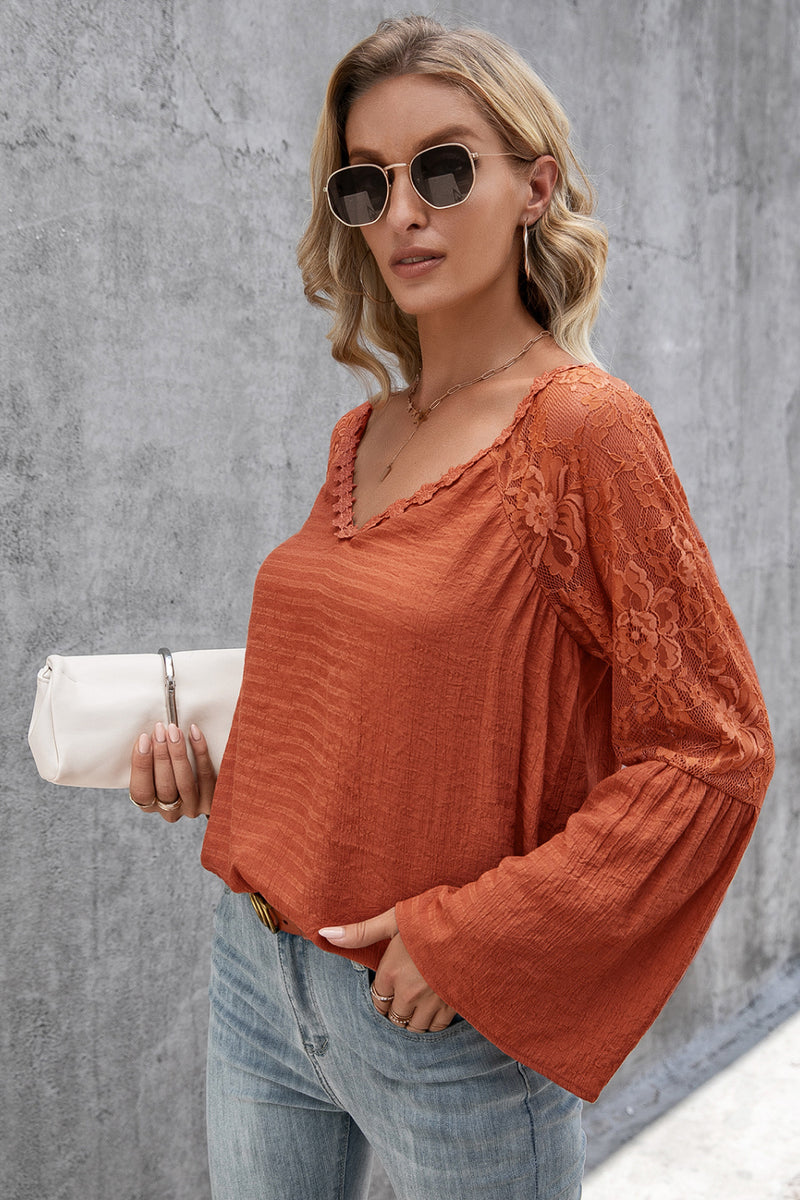Lace Trim Flare Sleeve Top