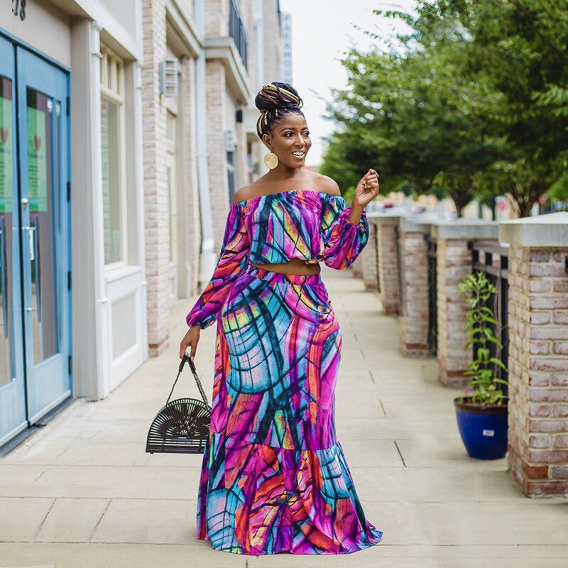 Abstract Off The Shoulder Two Piece Maxi Set