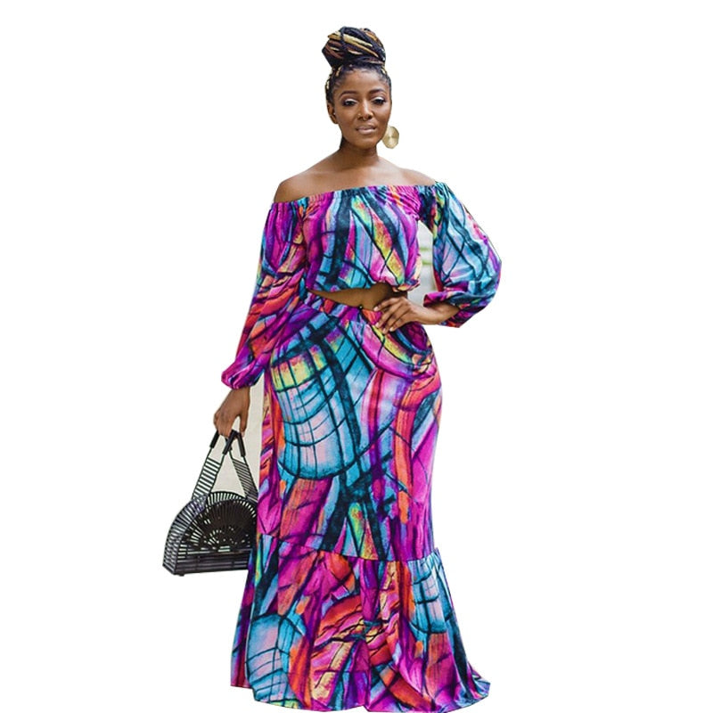 Abstract Off The Shoulder Two Piece Maxi Set
